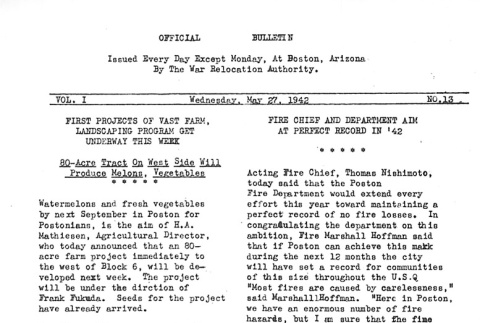 Poston Information Bulletin Vol. I No. 13 (May 27, 1942) (ddr-densho-145-13)