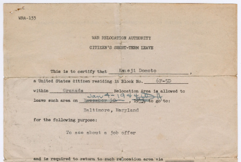 WRA Citizen's Short Term Leave authorization (ddr-densho-329-998)