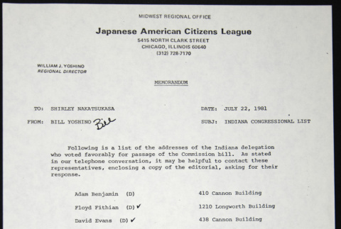 Memo to Shirley Nakatsukasa from Bill Yoshino (ddr-chijacl-1-605)