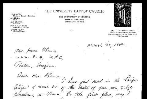 Letter from Paul L. Offenhiser to Mrs. Hana Ohama, March 30, 1945 (ddr-csujad-55-80)