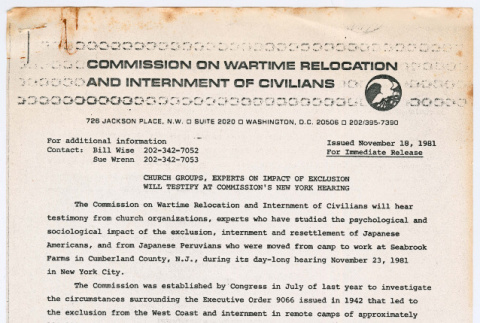 Commission on Wartime Relocation and Internment of Civilians Media Releases, Tentative Witness Lists, and Tentative Agendas (ddr-densho-1007-1822)