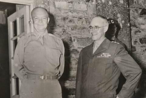 Dwight D. Eisenhower leaving the officers' mess with Omar Bradley (ddr-njpa-1-229)