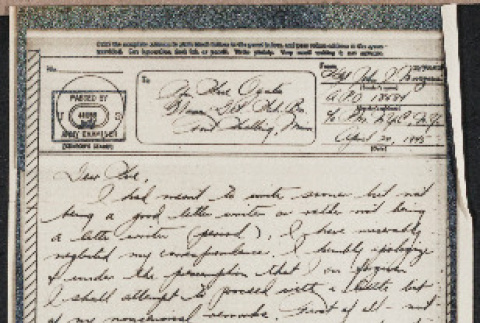 V-mail letter from John Morozumi to Sue Ogata Kato, April 20, 1945 (ddr-csujad-49-147)