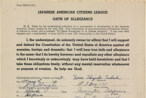 JACL Oath of Allegiance for Nora Sakaki (ddr-ajah-7-113)