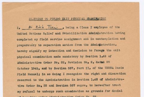 Election to Forego Exit Physical Examination (ddr-densho-446-250)