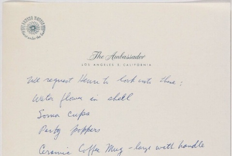 Note written on The Ambassador Hotel, Los Angeles Stationary (ddr-densho-424-574)