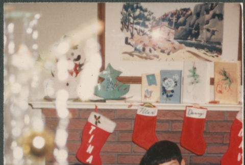 Woman and two boys with Christmas stockings (ddr-densho-523-550)