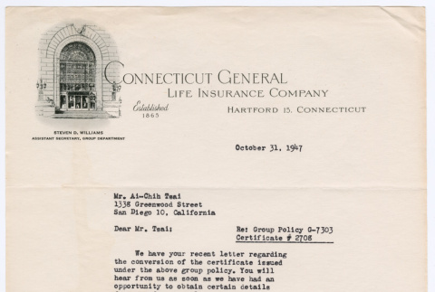 Letter from J. S. Preston, Connecticut General Life Insurance Company, to Ai Chih Tsai (ddr-densho-446-264)