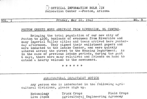 Poston Information Bulletin Vol. I No. 9 (May 22, 1942) (ddr-densho-145-9)
