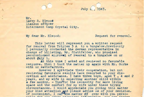 Letter from Bruno Miller to Larry R. Elwood, Liaison Officer, Internment Camp Crystal City, July 1943 (ddr-csujad-55-1393)