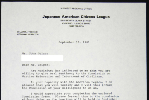 Letter to John Geiger from Bill Yoshino (ddr-chijacl-1-569)