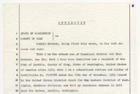 Affidavit from Yoshio Urakawa about Tadashi Elmer Urakawa (ddr-densho-474-86)