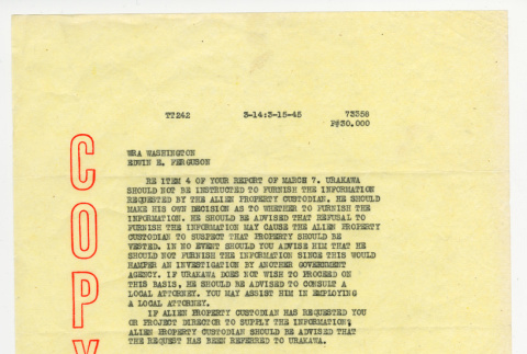 Memo from Barrett to Edwin E. Ferguson (ddr-densho-474-91)