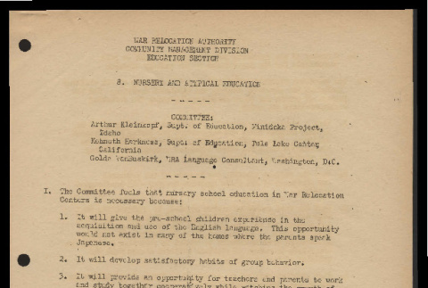 Recommendations by the Committee on Nursery and Atypical Education, War Relocation Authority, Community Management Division, Education Section (ddr-csujad-55-1701)