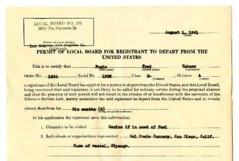 Permit of local board for registrant to depart from the United States (ddr-csujad-42-7)