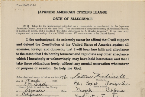 JACL Oath of Allegiance for Satoru Nishimoto (ddr-ajah-7-108)