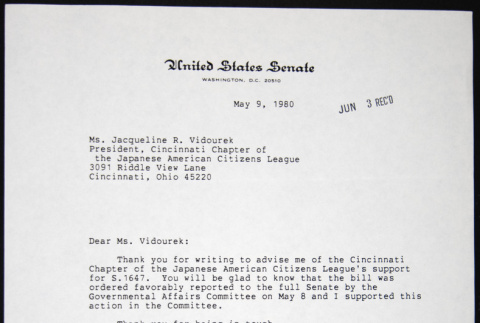 Letter to Jaqueline Vidourek from John Glenn (ddr-chijacl-1-354)