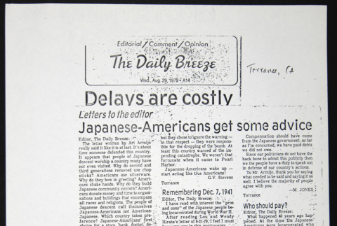 Copy of Letter to the Editor in The Daily Breeze titled:  Delays are costly (ddr-chijacl-1-224)