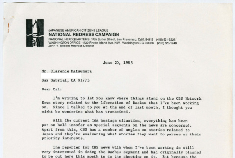 Letter from John Tateishi to Clarence (Cal) Matsumura (ddr-densho-1007-900)