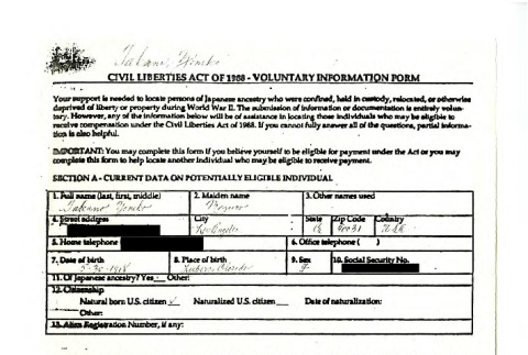 Civil Liberties Act of 1988, voluntary information form (ddr-csujad-42-141)