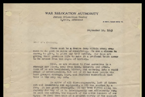 Letter from Mary Tsukamoto to Mr. Orsburn, September 16, 1943 (ddr-csujad-55-115)