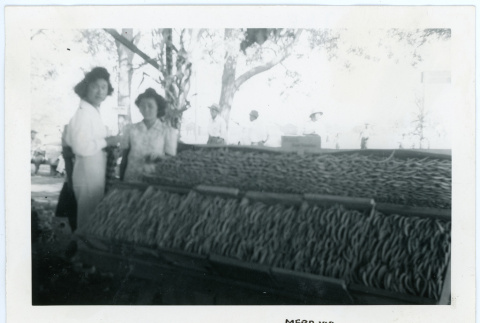 Photograph of vegetables at the Manzanar farm exhibit with two women in the background (ddr-csujad-47-65)