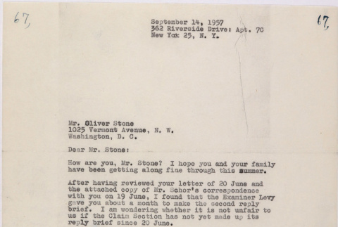 Letter from Lawrence Miwa to Oliver Ellis Stone concerning claim for James Seigo Maw's confiscated property (ddr-densho-437-250)