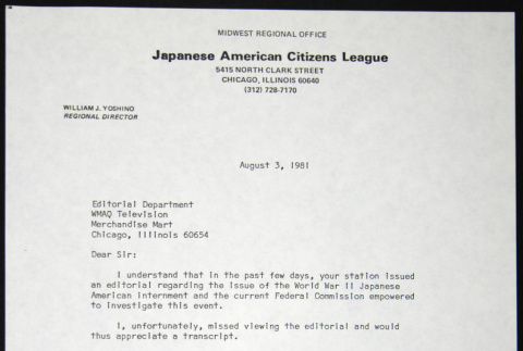 Letter to Editorial Department WMAQ Television from William Yoshino (ddr-chijacl-1-601)