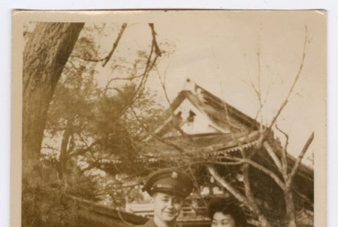 Mitsuye Takemiya and Charles Roeslin Jr. in front of Shimigamo Shrine (ddr-densho-550-22)