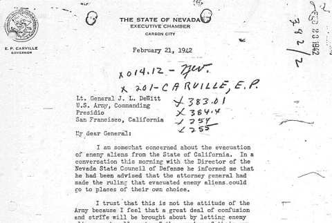 Letter to General DeWitt from Gov. E. P. Carville about Japanese evacuation (ddr-densho-67-72)