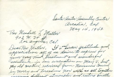 Letter from T. Takahashi and Family to Rev. Wendell L. Miller, May 14, 1942 (ddr-csujad-20-5)