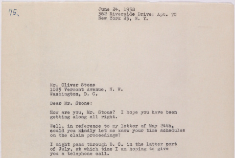 Letter from Lawrence Miwa to Oliver Ellis Stone concerning claim for James Seigo Maw's confiscated property (ddr-densho-437-258)
