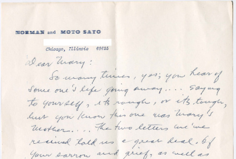 Letter from Norman and Moto Sato to Mary (Mon Toy) (ddr-densho-488-71)