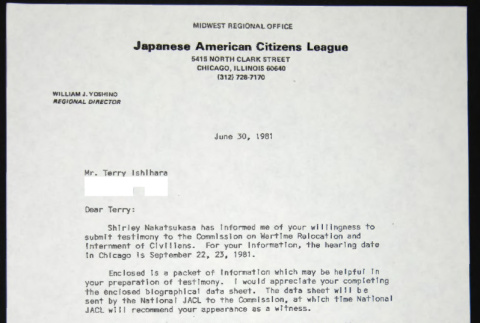 Letter to Terry Ishihara from Bill Yoshino (ddr-chijacl-1-615)