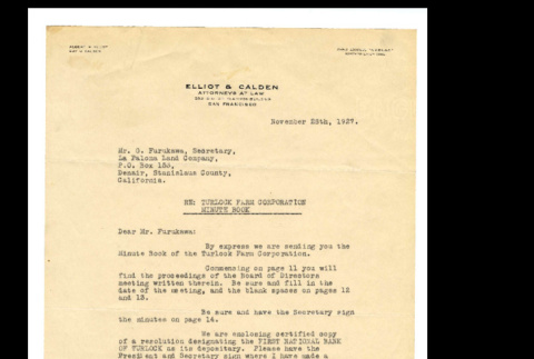 Letter from Elliot and Calden attorneys at law, to G. Furakawa of La Paloma Land Company, November 28, 1927 (ddr-csujad-46-35)