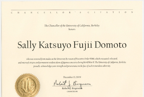 Honorary Degree award to Sally Katusyo Fujii Domoto from University of California - Berkeley (ddr-densho-329-1097)