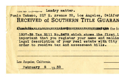 Receipt from Southern Title Guaranty Company to Fumio Takano, February 8, 1938 (ddr-csujad-42-14)