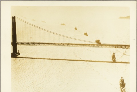 Navy ships passing under the Golden Gate Bridge (ddr-njpa-13-393)
