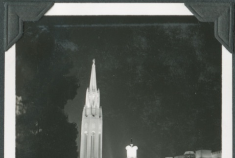 Night view of a tower and fountain at the Golden Gate International Exposition (ddr-densho-300-176)