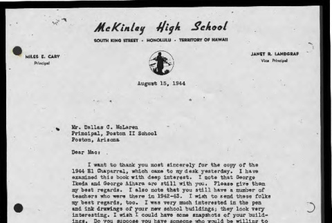 Letter from Miles. E Cary, Principal, McKinley High School, Honolulu, to Mr. Dallas C. McLaren, Principal, Poston II School, August 15, 1944 (ddr-csujad-55-1877)