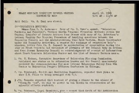 Minutes from the Heart Mountain Community Council meeting, April 14, 1944 (ddr-csujad-55-551)