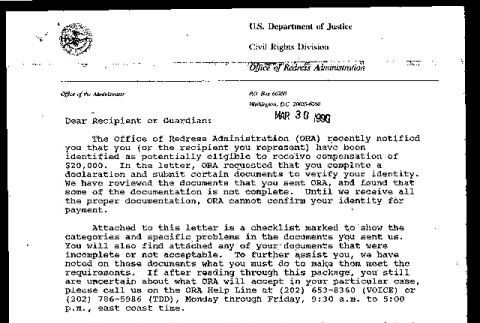 Letter from Robert K. Bratt, Administrator for Redress, U.S. Department of Justice to Dear Recipient or Guardian, March 30, 1990 (ddr-csujad-55-2042)