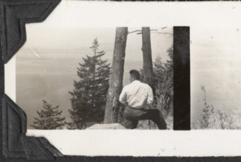 Trio of photos of people looking out at water by trees (ddr-densho-466-928)
