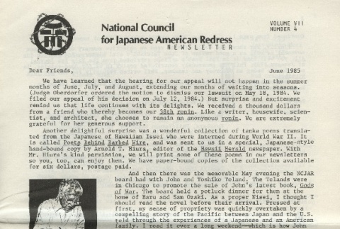 National Council for Japanese American Redress Newsletter, Vol. VII No. 4 (ddr-densho-274-52)
