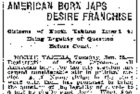 American Born Japs Desire Franchise. Citizens of North Yakima Intend to Bring Legality of Question Before Court. (January 25, 1910) (ddr-densho-56-158)