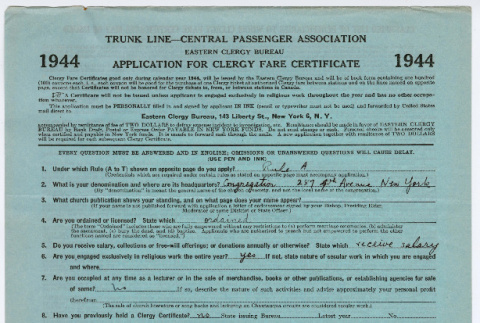 Application for Clergy Fare Certificate (ddr-densho-446-90)