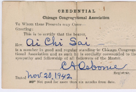 Chicago Congregational Association Credential Card (ddr-densho-446-34)