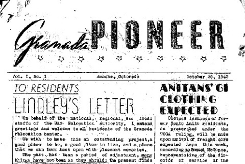 Granada Pioneer Vol. I No. 1 (October 28, 1942) (ddr-densho-147-1)