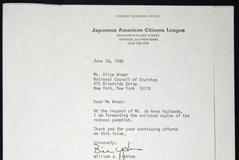 Letter to Alice Wimer from William Yoshino (ddr-chijacl-1-436)