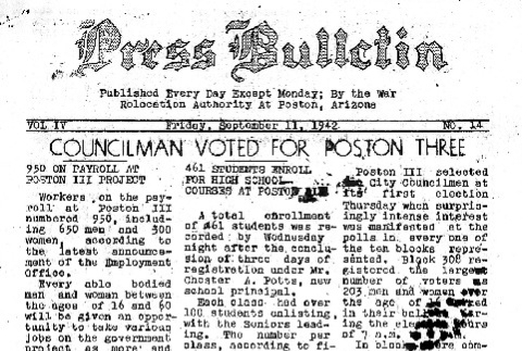 Poston Press Bulletin Vol. IV No. 14 (September 11, 1942) (ddr-densho-145-105)
